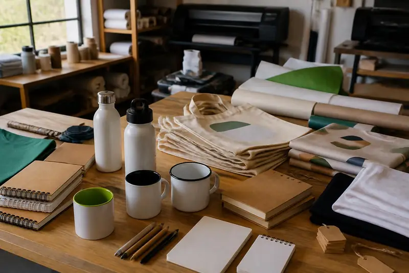 Bancada de gráfica com cadernos, ecobags, canecas, squeezes e papelaria corporativa